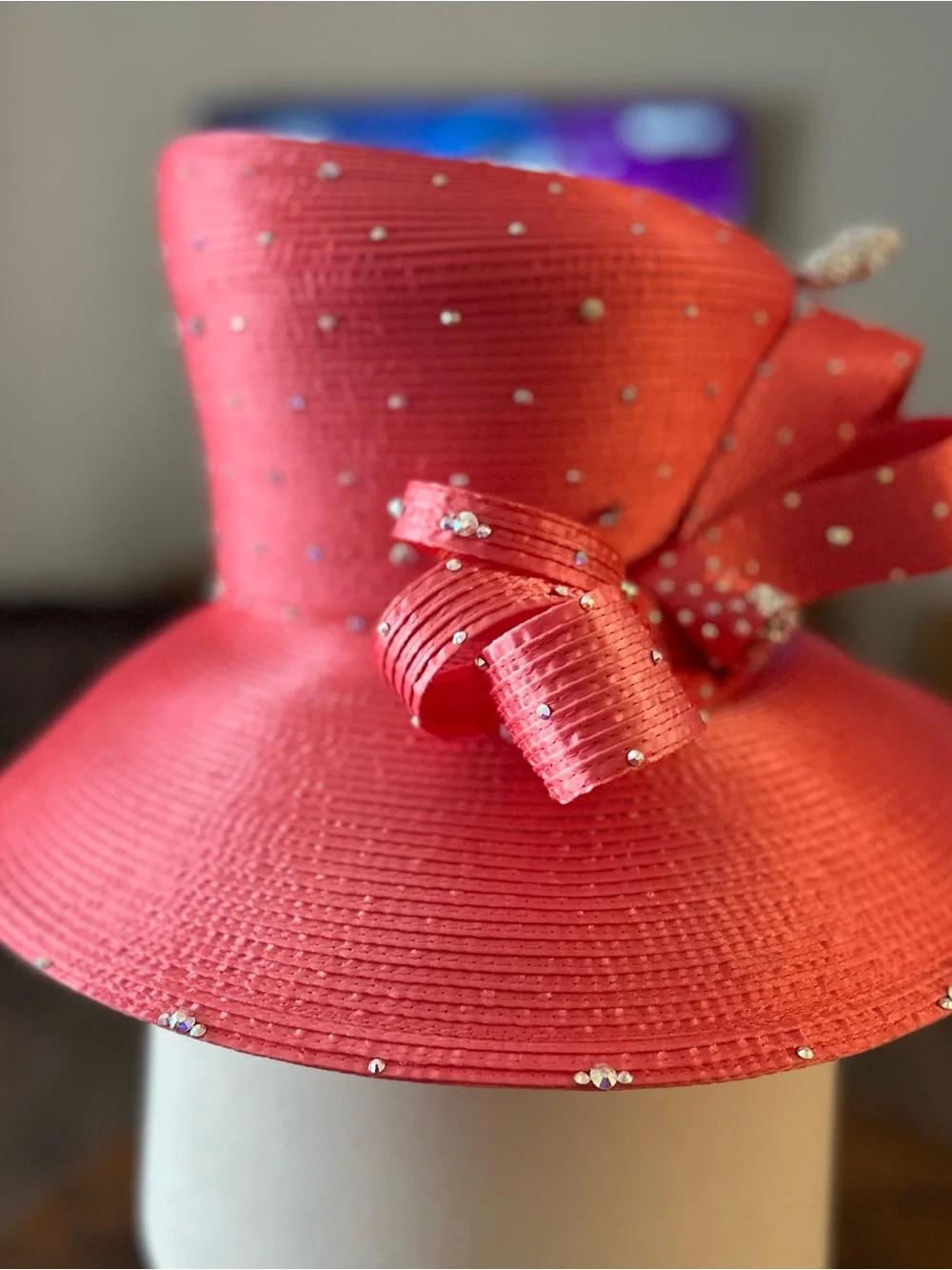 Rhinestone Embellished Coral Wide-Brim Hat with Statement Bow